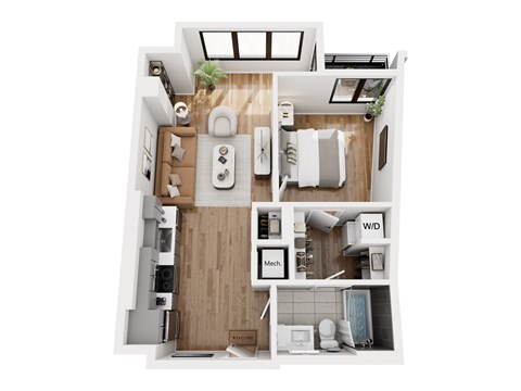 Floor plan for 1 bed, 1 bath, 661 sqft